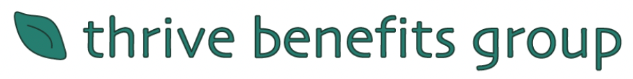 Green leaf icon and logo and text "thrive benefits group" in lowercase, with a minimalist design on a white background.