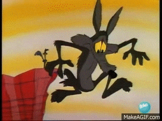 Cartoon coyote mid-air, wide-eyed and flailing, over a cliff edge with a red rock pattern. Bright yellow sky in the background.
