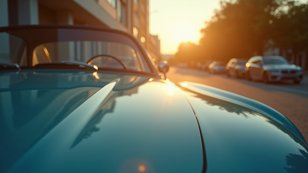Close-up view of a shiny car hood reflecting sunlight