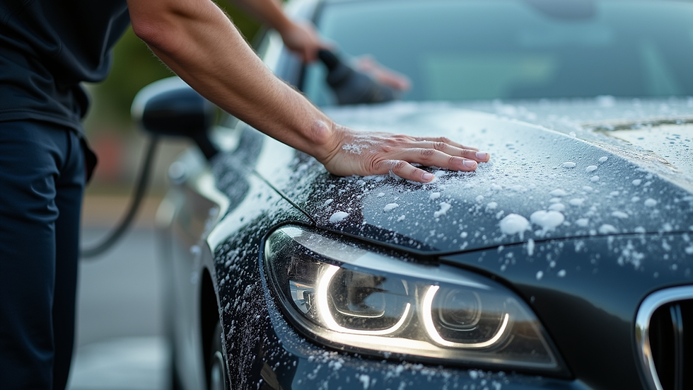 Close-up view of a car being washed with ceramic shampoo