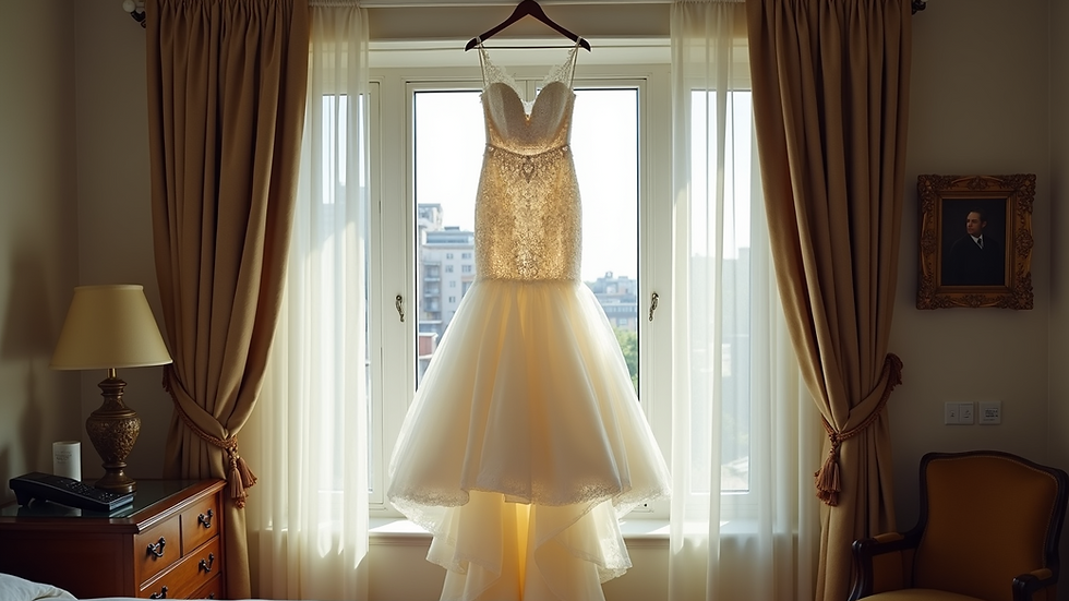 Eye-level view of a bridal suite with wedding dress hanging by the window