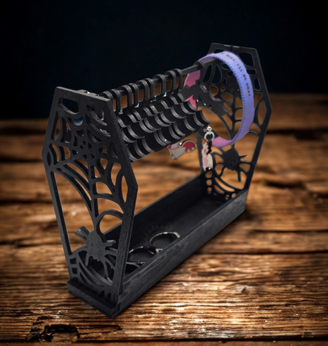 Thumbnail: Handcrafted gothic wooden jewelry holder with bat-shaped hangers for earrings