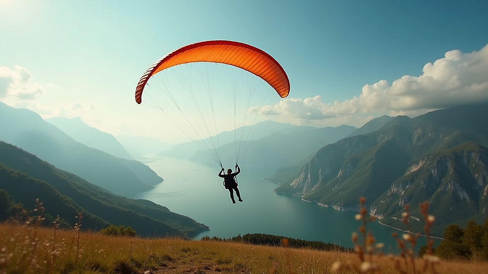 Eye-level view of a paraglider soaring above a scenic landscape