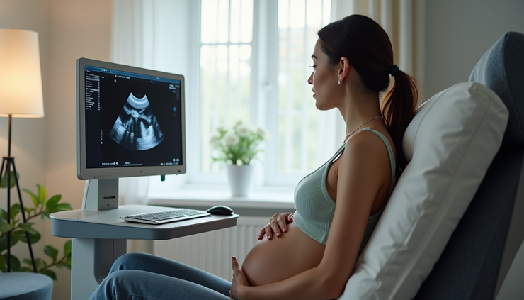 Eye-level view of a pregnant woman having a 4D ultrasound scan in a cozy clinic room