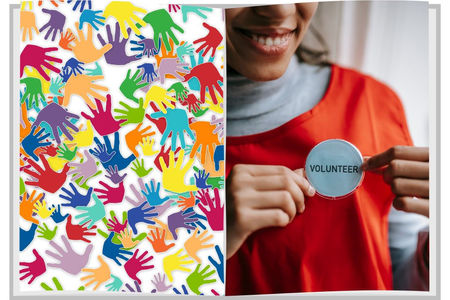 volunteer badge and helping hands image