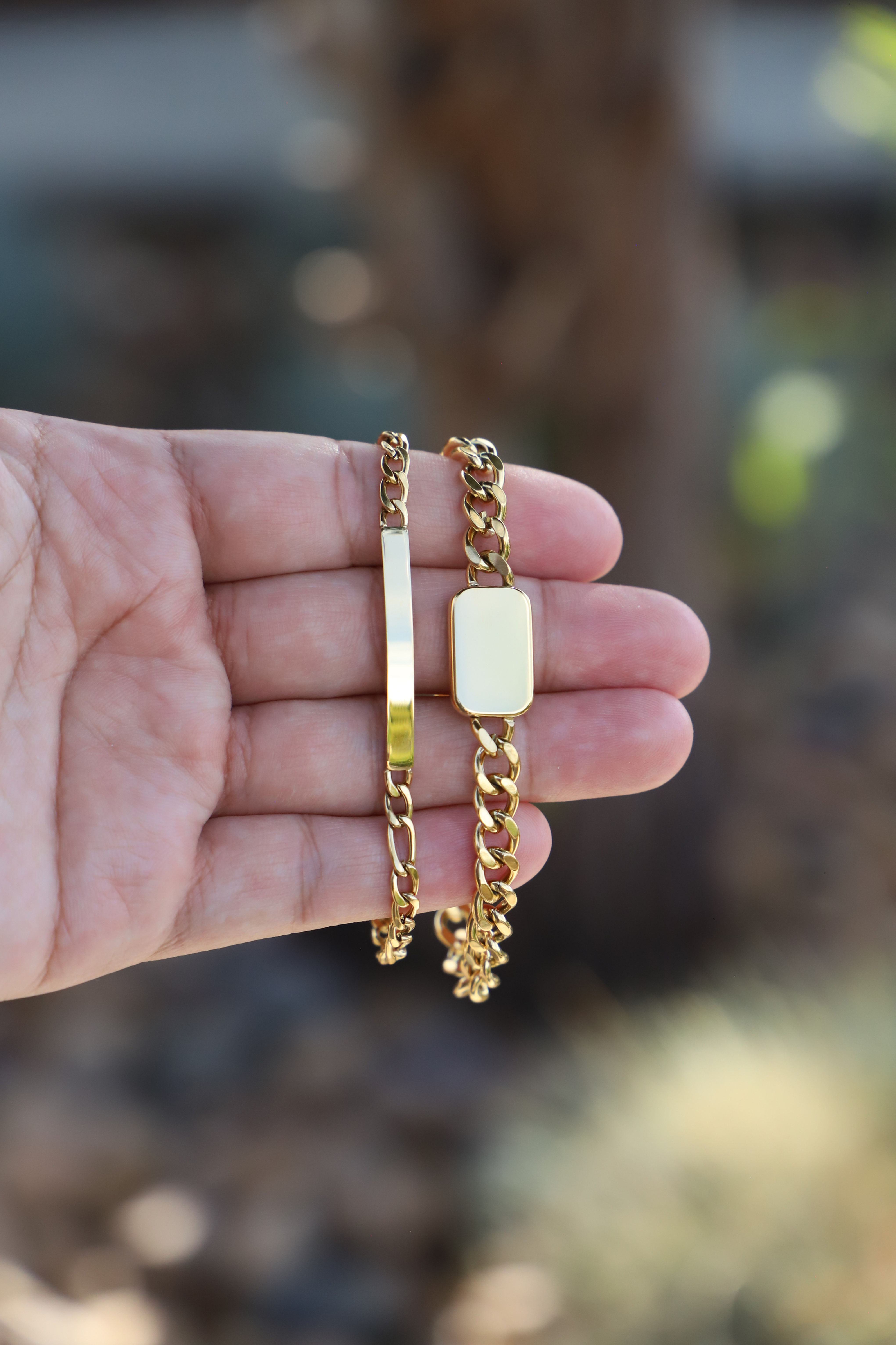 Personalized Engraved Gold Couple Figaro/Curb Bar Bracelet Set