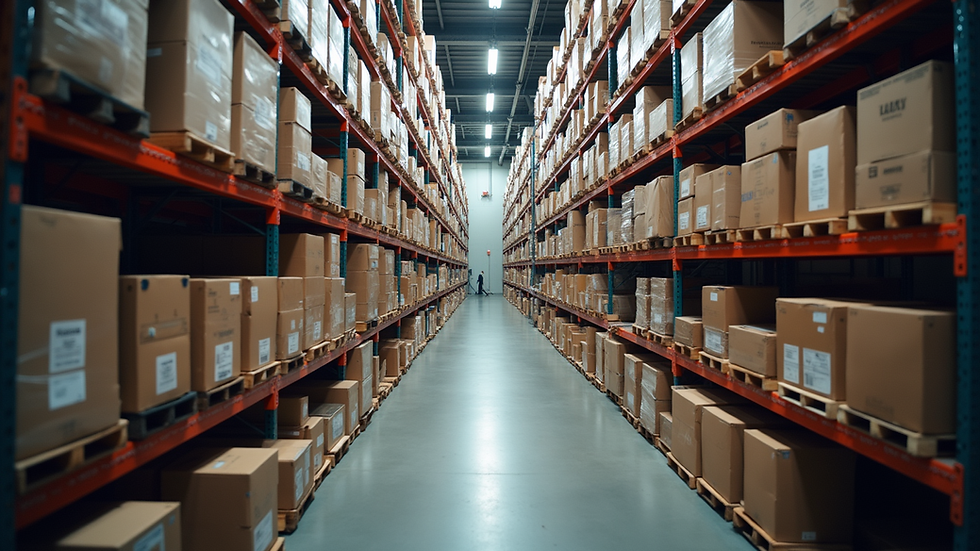 High angle view of a busy logistics warehouse with organized shelves