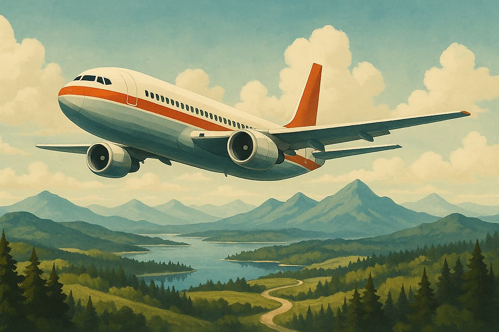 Retro airplane soaring over scenic mountains and lake