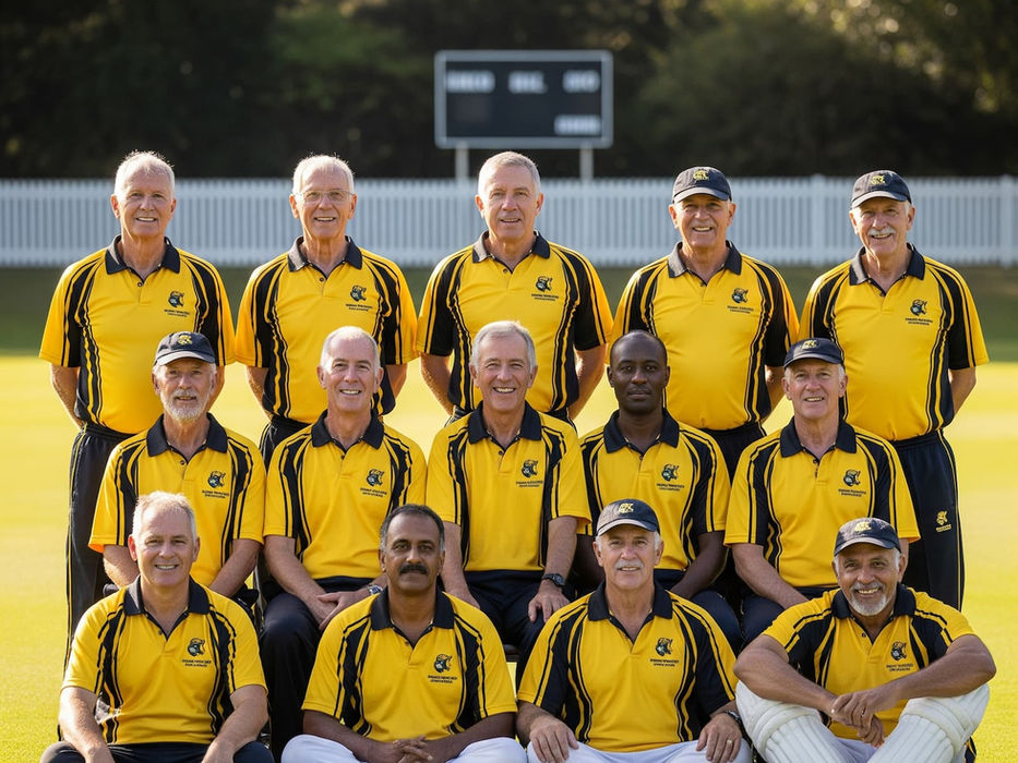Cricket team in yellow and black uniforms on a field