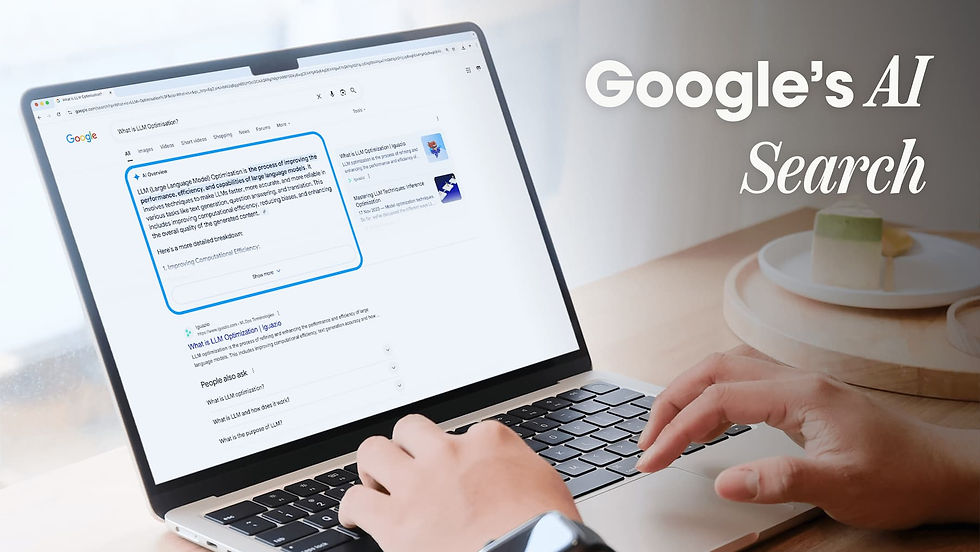 Person using laptop with Google AI search result for LLM optimisation