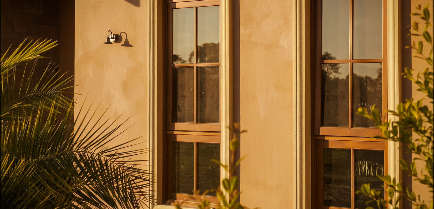 Two tall wooden windows on a textured stucco wall with plants
