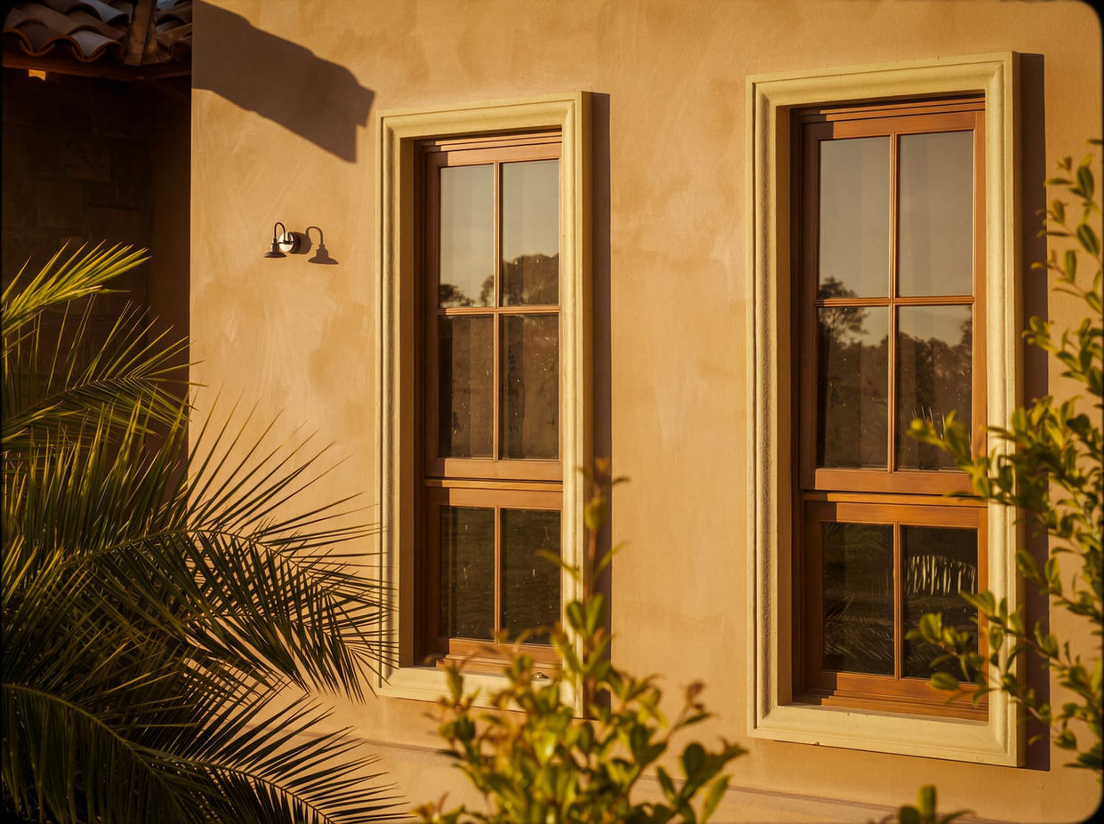 Two tall wooden windows on a textured stucco wall with plants