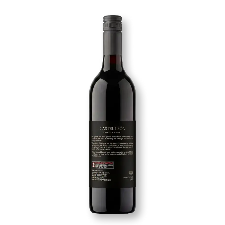 Castel Leon Shiraz 2019 red wine bottle, back label