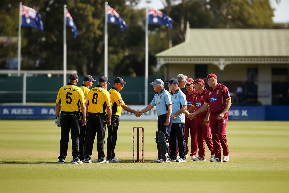 Cricket teams shaking hands with Australian flags