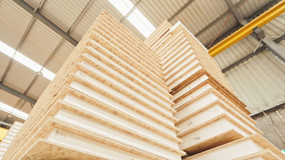 Stacks of structural insulated panels with OSB facing and EPS foam core ready for delivery at the SIPs Industries manufacturing facility, Bibra Lake Western Australia