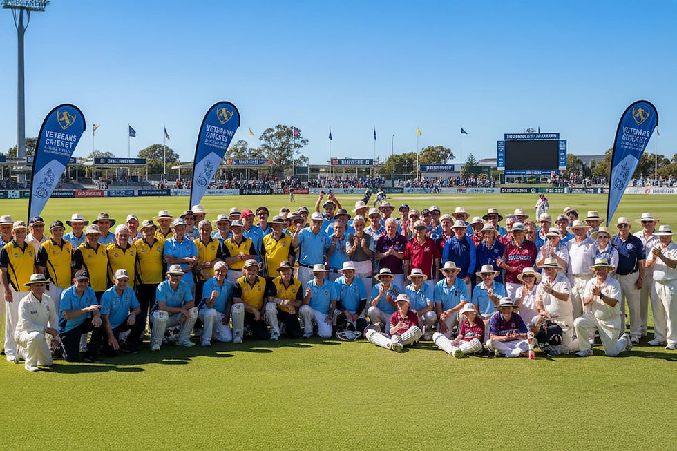 Teams of cricket players on a sunny field