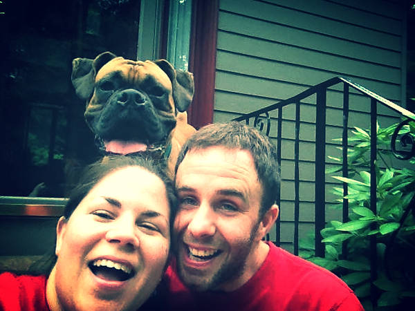 happy couple dog waking company