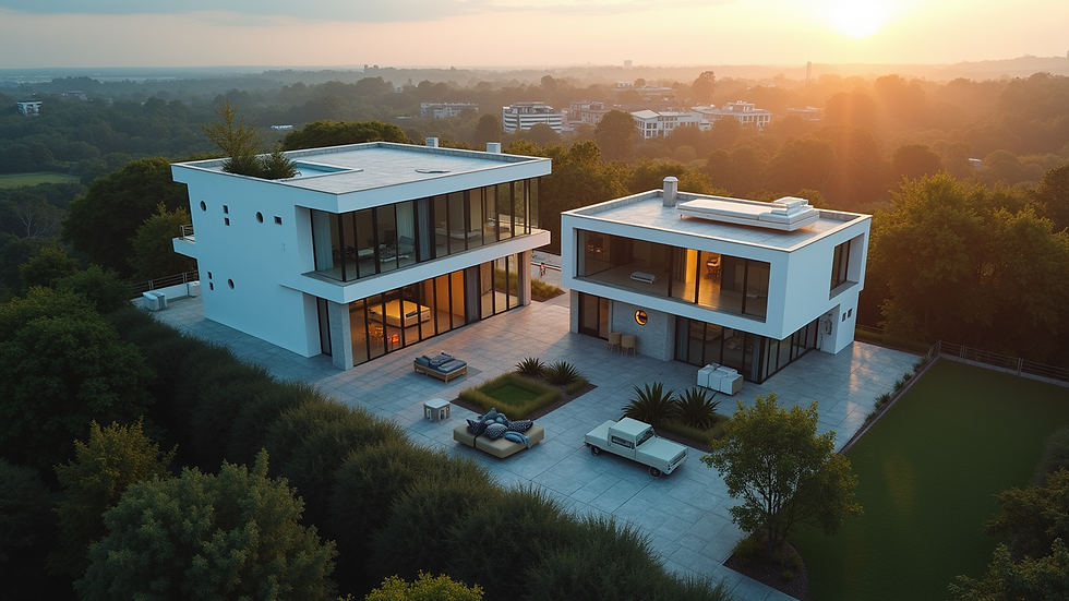 High angle view of a modern residential property during a flyover