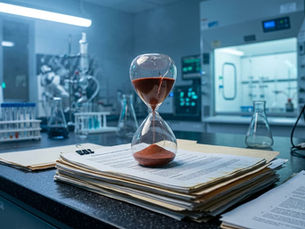 A cracked glass hourglass with red sand sits on a thick stack of legal documents and tech transfer contracts on a laboratory bench. In the blurred background, a modern biotech research lab is visible under cold blue institutional lighting.