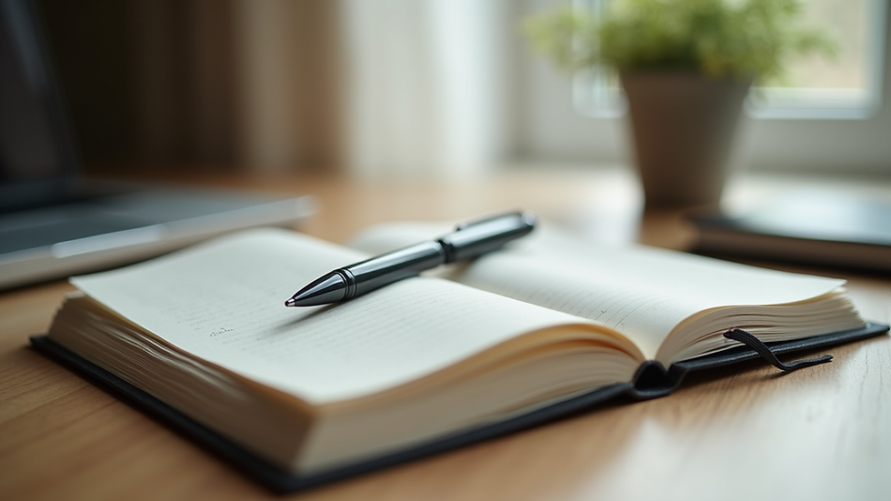 Eye-level view of a serene workspace with a journal and pen