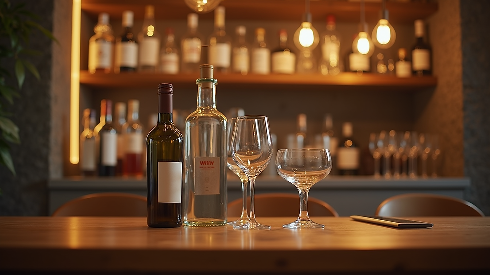 Vista a nivel de mesa con botellas de vino y copas durante una cata virtual