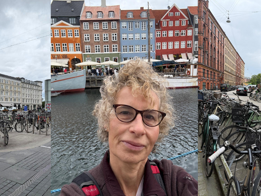 A person with glasses in front of colorful buildings by water, flanked by streets lined with bicycles on a cloudy day.
