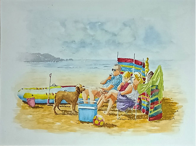 Family on beach. eating ice-cream. windbreak. dog. bucket and spade. cockapoo. sunglasses. sand. ice box. dinghy. original watercolour. original watercolor. original artwork.