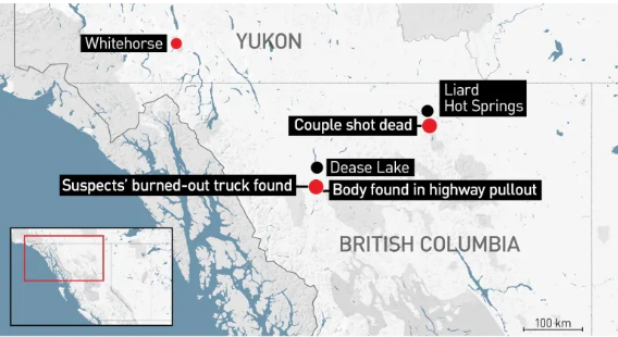 Un mapa muestra las ubicaciones en el norte de BC donde se encontraron tres cadáveres, así como el camión abandonado de dos hombres ahora considerados sospechosos. Chynna Deese y Lucas Fowler, una joven pareja de Estados Unidos y Australia, fueron asesinados cerca de Liard Hot Springs el 15 de julio de 2019. Al suroeste, se encontró un cadáver el 19 de julio cerca del camión de sospechosos Kam McLeod, 19, y Bryer Schmegelsky, 18. (CBC News)