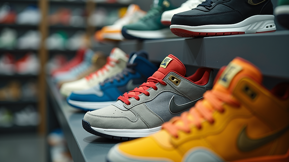 Close-up view of a sneaker store display with colorful urban footwear