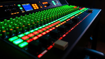 studio mixer board glowing florescent green.jpg