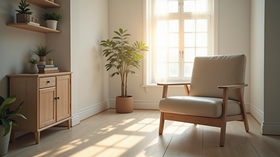 Eye-level view of a calm therapy room with a comfortable chair and soft lighting