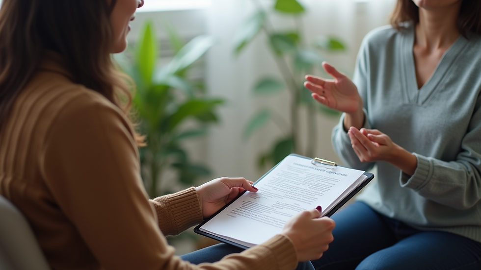 Close-up view of a therapy session with a therapist and client discussing progress