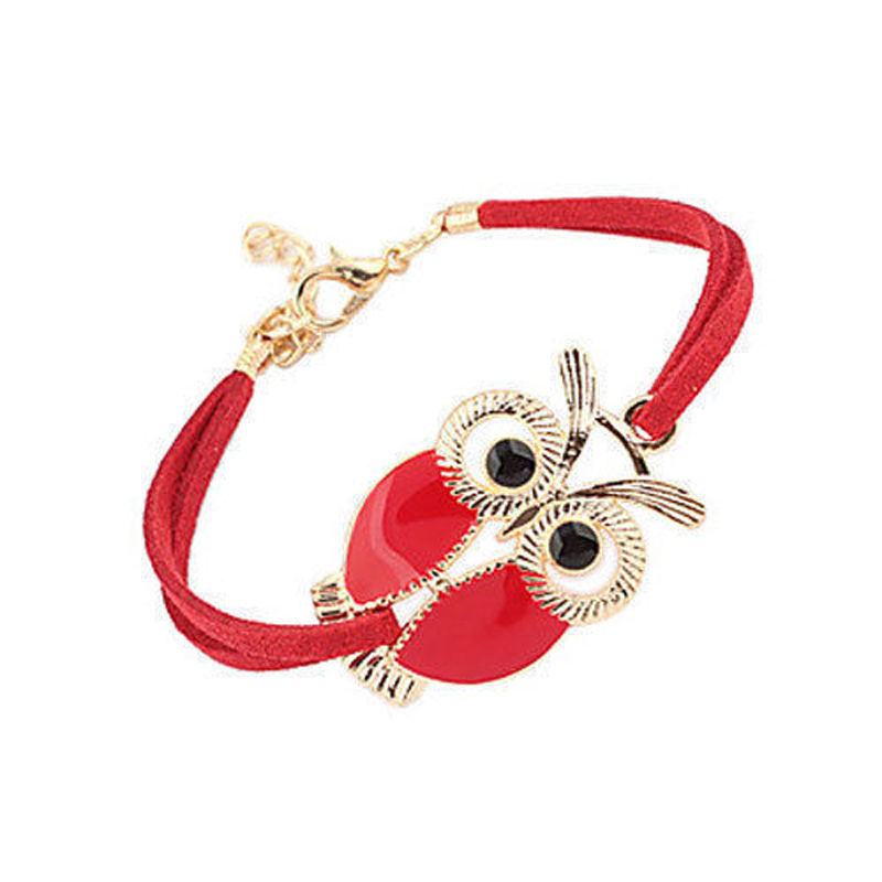 Miniatura: Pulsera búho de cuero aterciopelado y piedras de colores