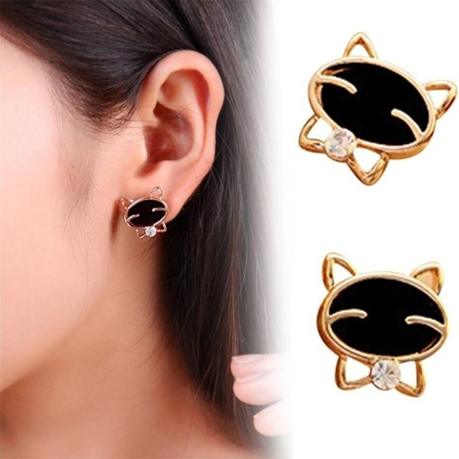Miniatura: Aretes Minimalistas de Gato - Diseño Dorado o Plateado con Detalles Esmaltados