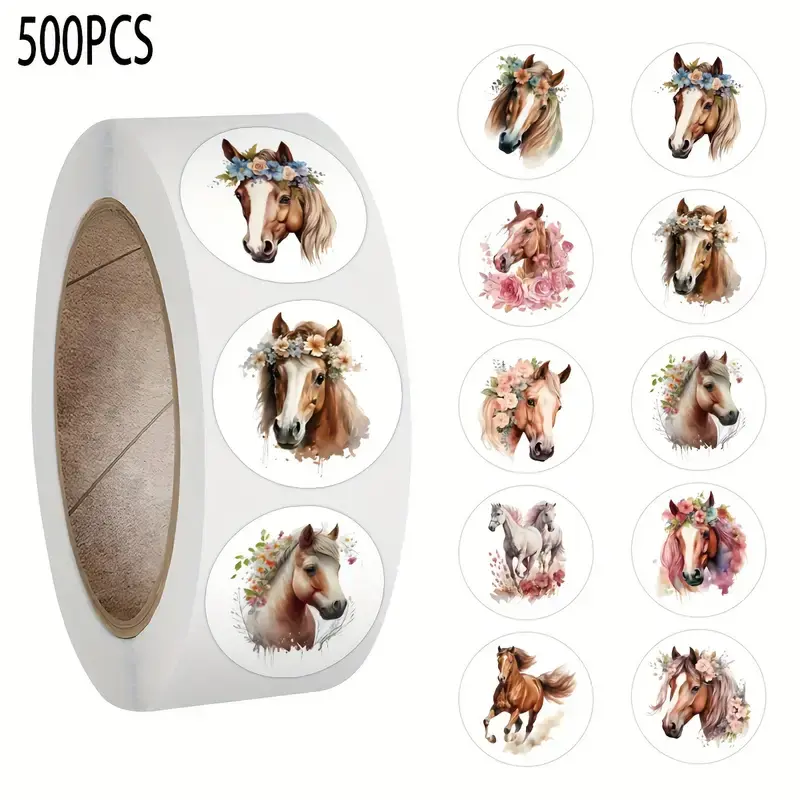 Miniatura: Rollo de 500 calcomanías de caballos con flores