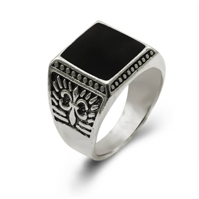 Anillo para hombre acero inoxidable y obsidiana vintage