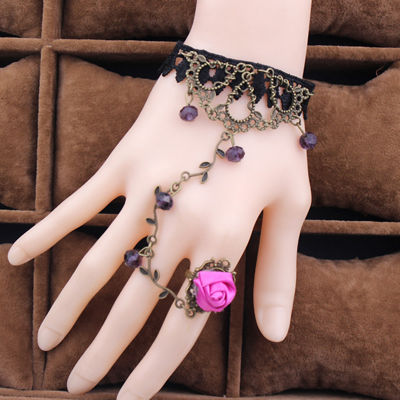Pulsera muñequera de encaje con anillo rosas punk retro