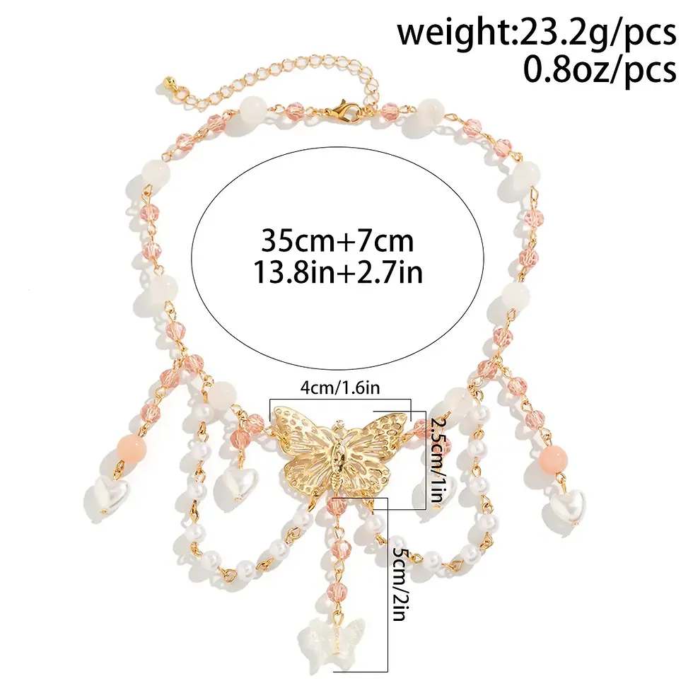 Miniatura: Collar gargantilla multicapa con perlas y mariposas