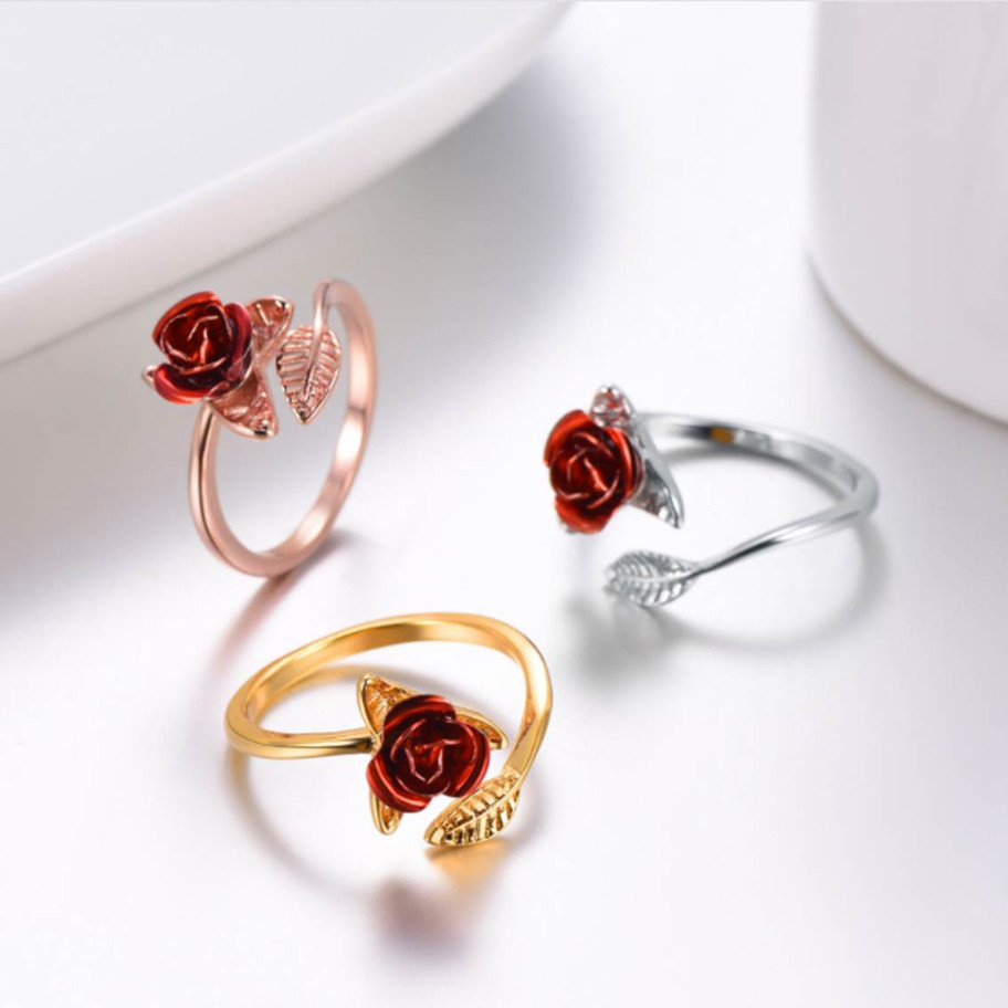 Anillo en forma de rosa color rojo ajustable silver filled