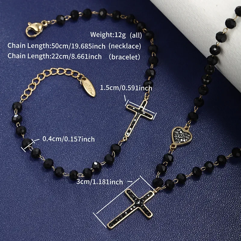 Conjunto collar y pulsera de cuentas negras con cruces