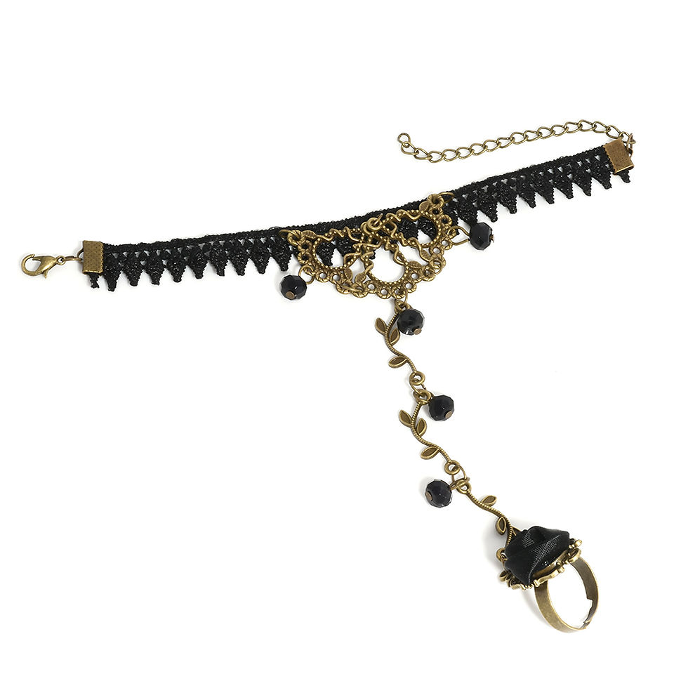 Miniatura: Pulsera muñequera de encaje con anillo rosas punk retro