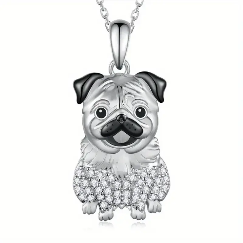 Collar de moda perrito Pug silver cristales zirconia cúbica