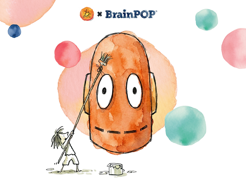 "The Dot x BrainPOP" logo above a watercolor illustration of a child painting Moby's face with a paintbrush, surrounded by decorative watercolor circles.
