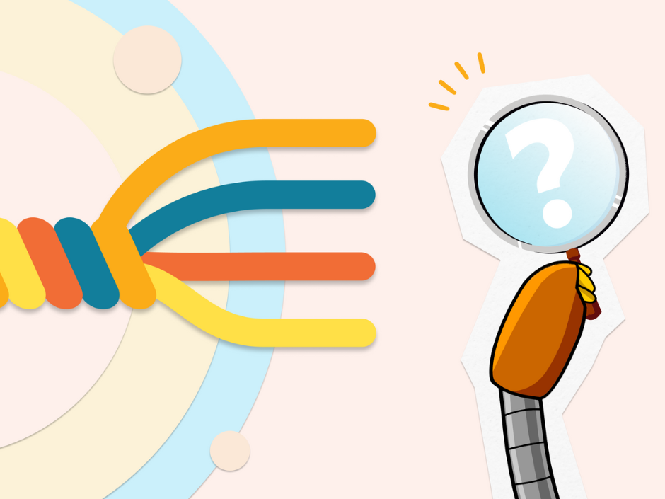 Colorful braided cables split into four lines; a robotic hand holds a magnifying glass with a question mark. Light, geometric background.