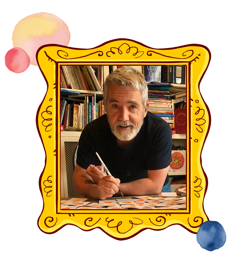 Photo of Peter H. Reynolds, author of The Dot, seated at a desk, drawing, with bookshelves behind him, framed in a decorative yellow illustrated border with watercolor circle accents.