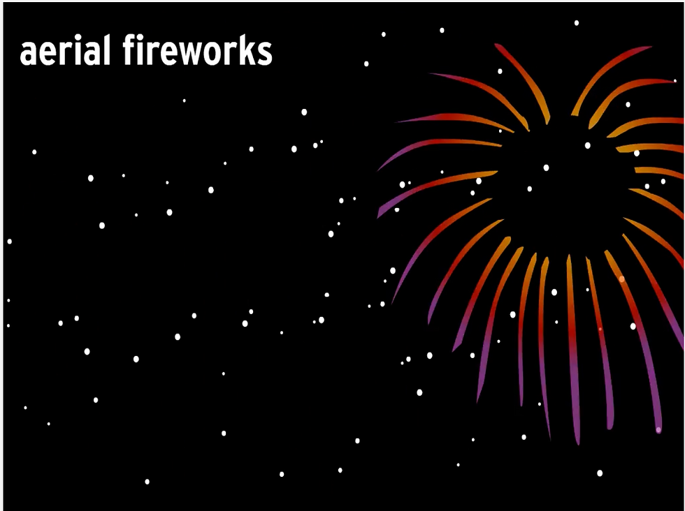 Aerial fireworks text beside a colorful orange, red, and purple firework burst on a black night sky with white sparks. From BrainPOP's Fireworks movie. 
