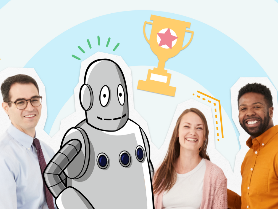 Silver Moby smiling with three teachers and a trophy.