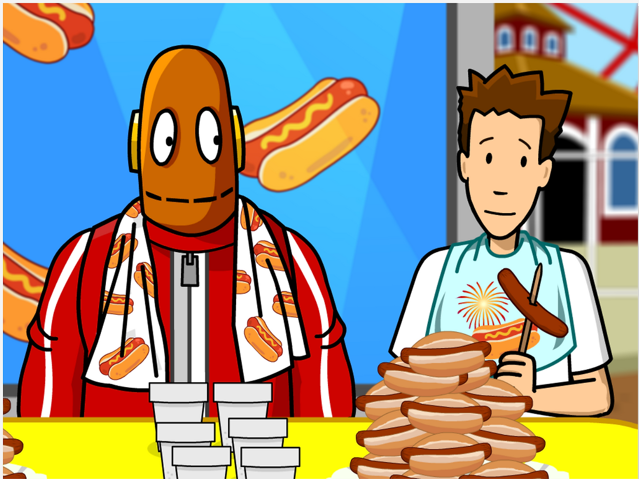 Tim and Moby sit at a table next to a plate piled high with hot dogs. Both characters are wearing bibs. From the BrainPOP Independence Day movie.