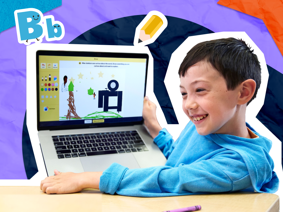 Smiling boy in blue shirt using a laptop open to the Draw About It feature on BrainPOP Jr., surrounded by colorful alphabet and pencil graphics on a vibrant blue and orange background.