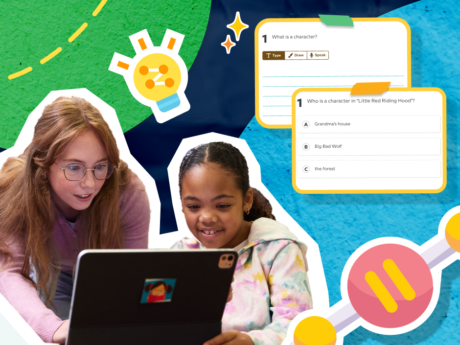 A teacher and young female students happily explore a tablet. Background: educational questions about characters, colorful icons, and a blue-green backdrop.